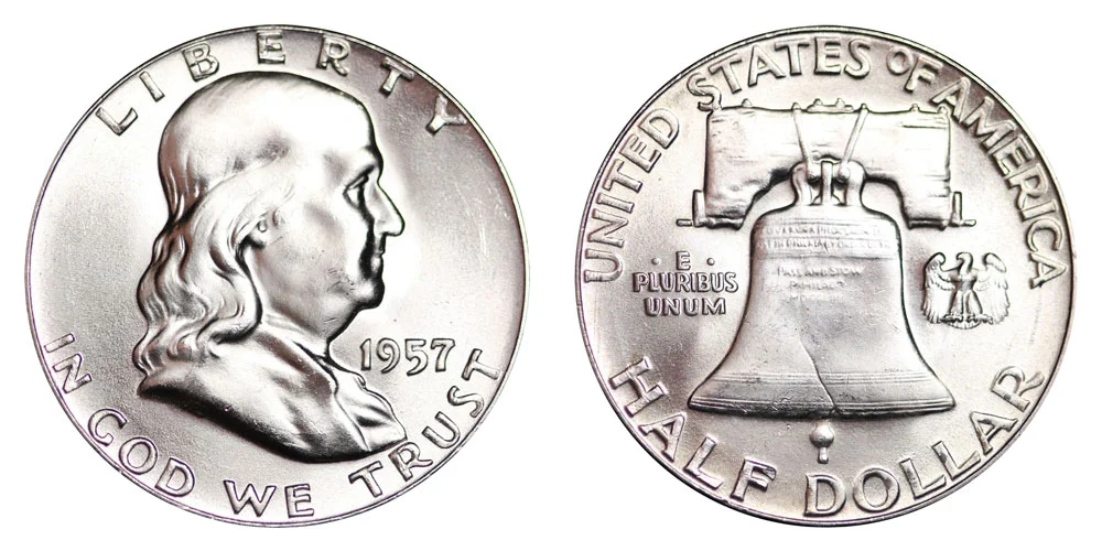 1957 Franklin half dollar obverse showing Benjamin Franklin portrait and reverse showing Liberty Bell