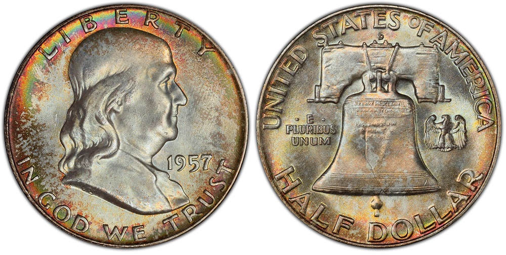 1957 Franklin half dollar reverse comparison: standard incomplete bell lines (left) vs Full Bell Lines FBL (right)