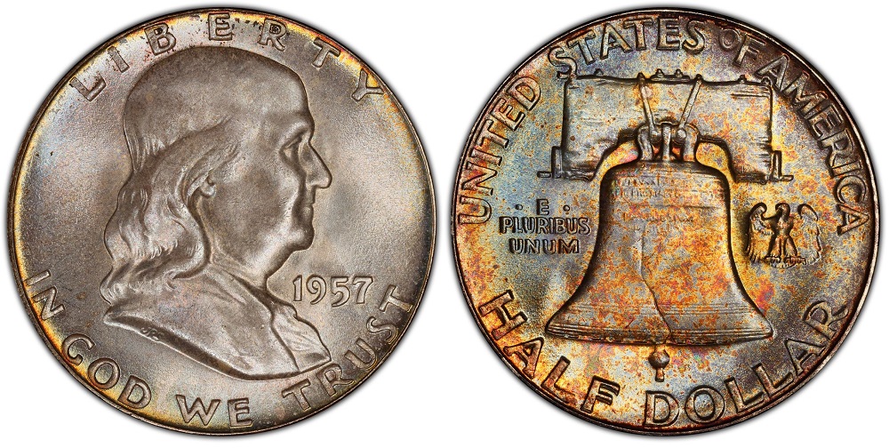 1957 Franklin half dollar grading strip showing four condition tiers from worn VG on the left to Gem MS65 on the right
